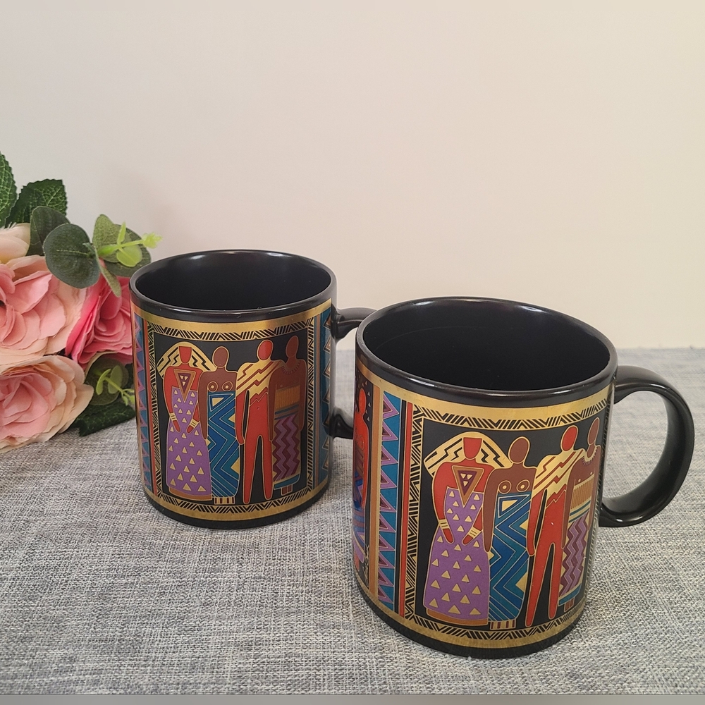 Vintage Set Of 2 Laurel Burch 'Tribal Spirit' 1988 Coffee Mugs, Made‎ In  Japan